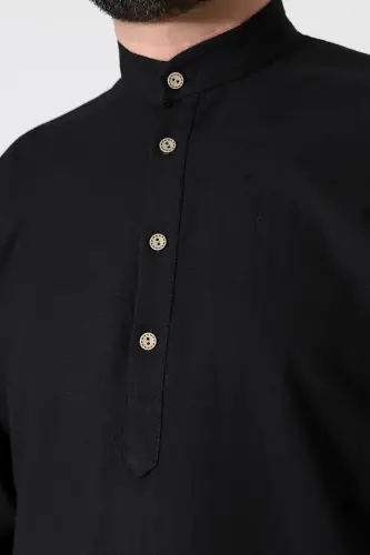 Erkek Hakim Yaka Uzun Kollu Düğmeli Keten Gömlek Siyah (Vşn) - 6