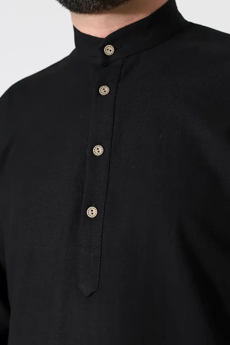 Erkek Hakim Yaka Uzun Kollu Düğmeli Keten Gömlek Siyah (Vşn) - 6