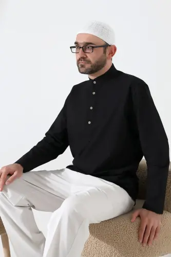 Erkek Hakim Yaka Uzun Kollu Düğmeli Keten Gömlek Siyah (Vşn) - 7