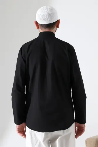 Erkek Hakim Yaka Uzun Kollu Düğmeli Keten Gömlek Siyah (Vşn) - 8