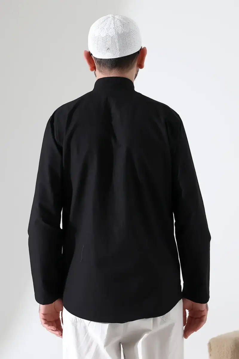 Erkek Hakim Yaka Uzun Kollu Düğmeli Keten Gömlek Siyah (Vşn) - 8