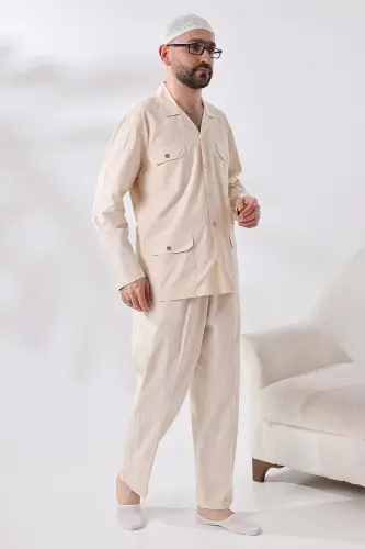 Erkek Keten 4 Cepli İkili Safari Takım Hac Umre Kıyafeti Krem - 4