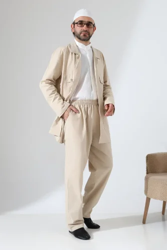 Erkek Keten İkili Safari Takım - Hac ve Umre Kıyafeti Bej (SFA) - ihvanonline (1)
