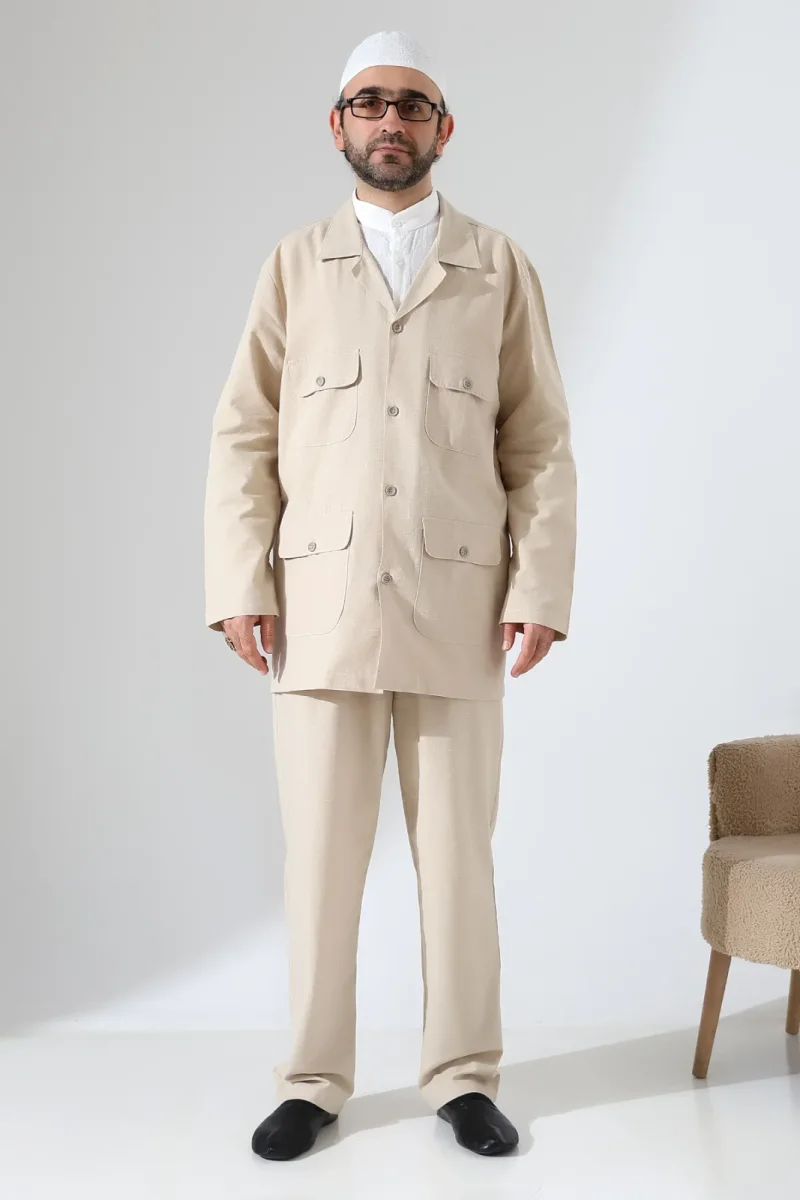 Erkek Keten İkili Safari Takım - Hac ve Umre Kıyafeti Bej (SFA) - 3