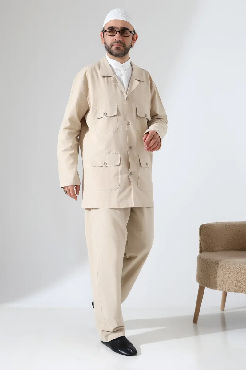 Erkek Keten İkili Safari Takım - Hac ve Umre Kıyafeti Bej (SFA) - 1