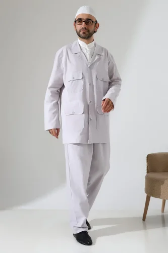 Erkek Keten İkili Safari Takım - Hac ve Umre Kıyafeti Gri (SFA) 