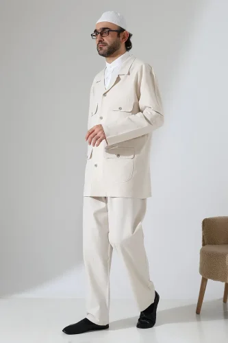 Erkek Keten İkili Safari Takım - Hac ve Umre Kıyafeti Krem (SFA) - 5