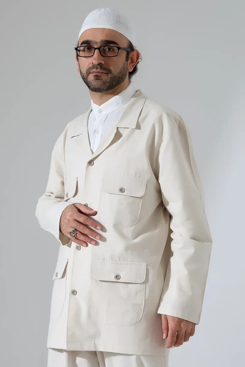 Erkek Keten İkili Safari Takım - Hac ve Umre Kıyafeti Krem (SFA) - 6