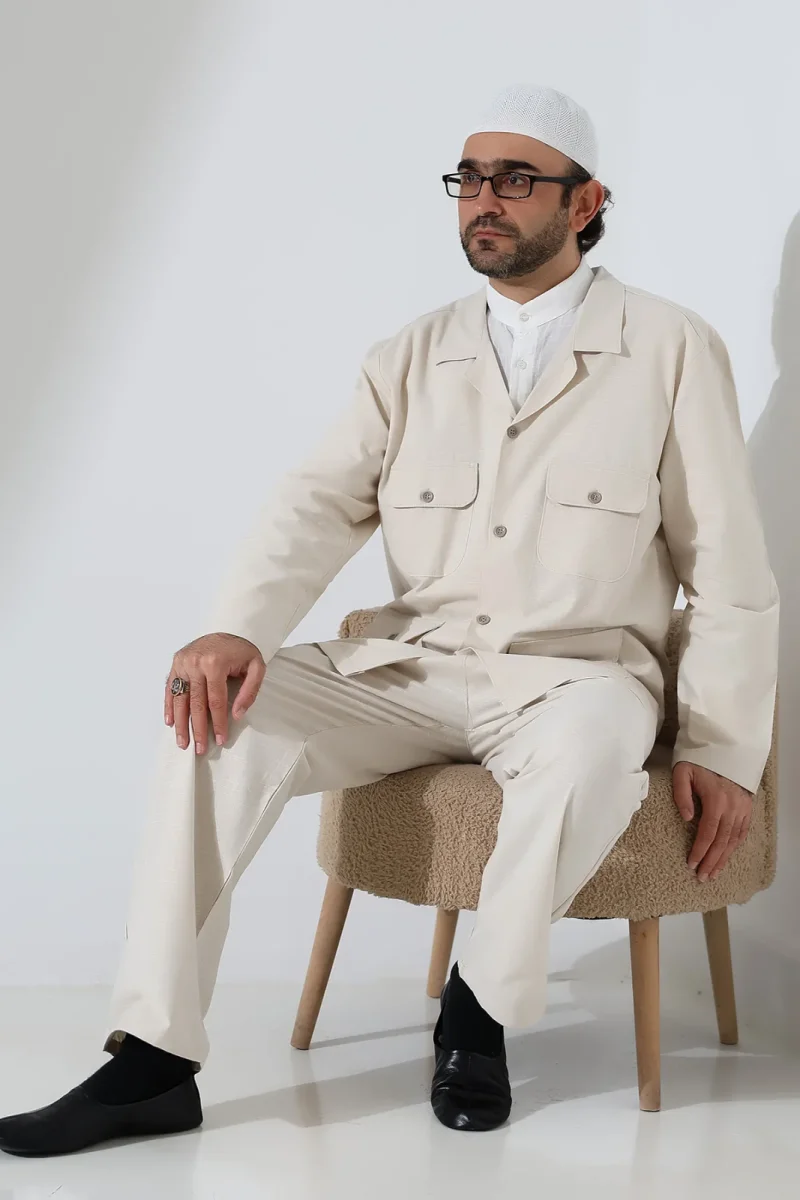 Erkek Keten İkili Safari Takım - Hac ve Umre Kıyafeti Krem (SFA) - 8