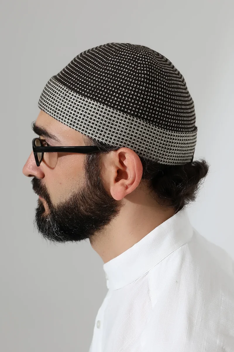 Erkek Kışlık Orlon Katlamalı Namaz Takkesi – Nokta Desenli - Kahverengi - 5