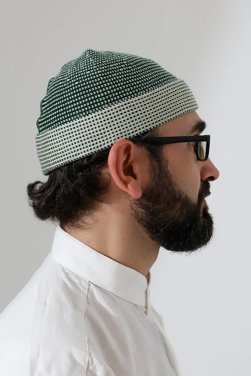 Erkek Kışlık Orlon Katlamalı Namaz Takkesi – Nokta Desenli - Yeşil - 3