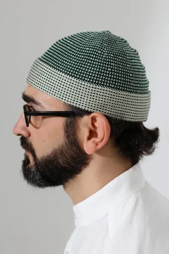 Erkek Kışlık Orlon Katlamalı Namaz Takkesi – Nokta Desenli - Yeşil - 4