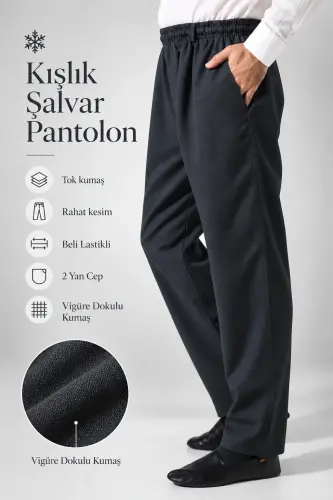 Erkek Lüks Viskon Kışlık Şalvar Pantolon Cepli Rahat Kesim Beli Lastikli Vigüre Dokulu Antrasit (IHVN) - 1