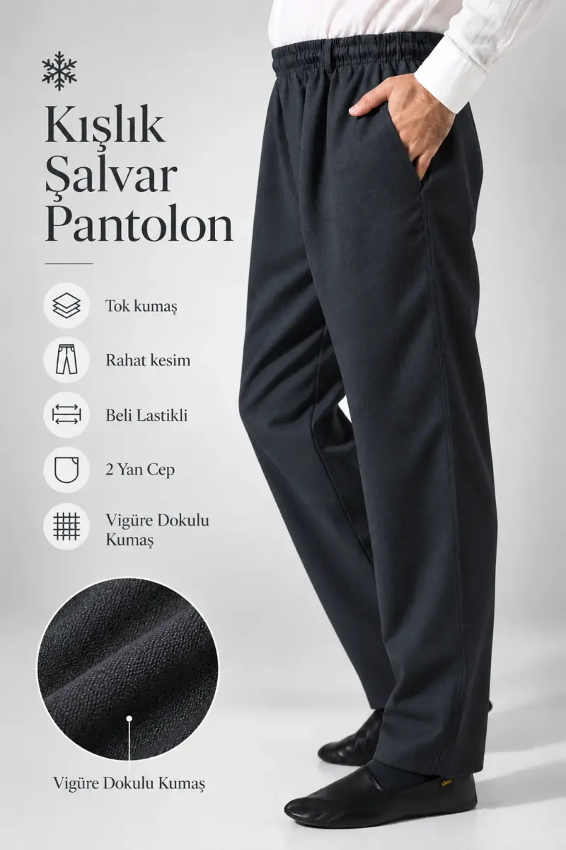 Erkek Lüks Viskon Kışlık Şalvar Pantolon Cepli Rahat Kesim Beli Lastikli Vigüre Dokulu Antrasit (IHVN) - 1