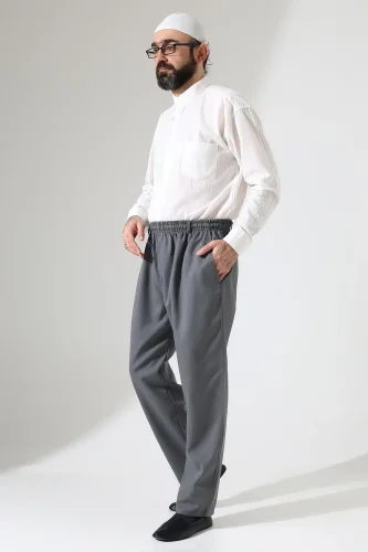 Erkek Kışlık Rahat Kesim Beli Lastikli Cepli Modern Kumaş Şalvar Pantolon - Gri (IHVN) - 2
