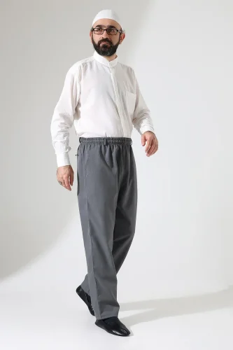 Erkek Kışlık Rahat Kesim Beli Lastikli Cepli Modern Kumaş Şalvar Pantolon - Gri (IHVN) - 3