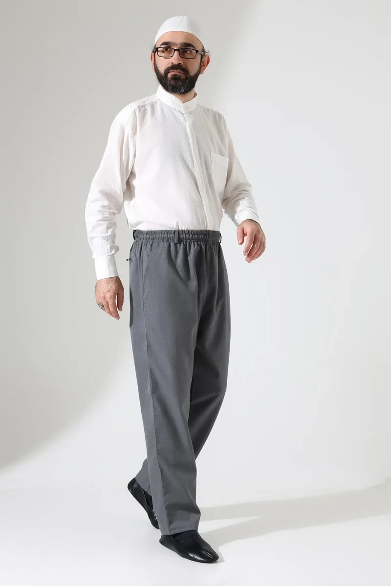 Erkek Kışlık Rahat Kesim Beli Lastikli Cepli Modern Kumaş Şalvar Pantolon - Gri (IHVN) - 3