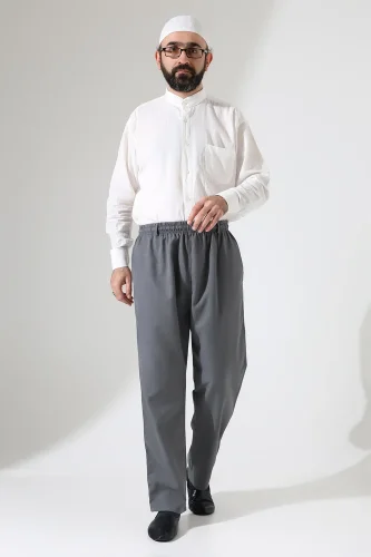 Erkek Kışlık Rahat Kesim Beli Lastikli Cepli Modern Kumaş Şalvar Pantolon - Gri (IHVN) - 5