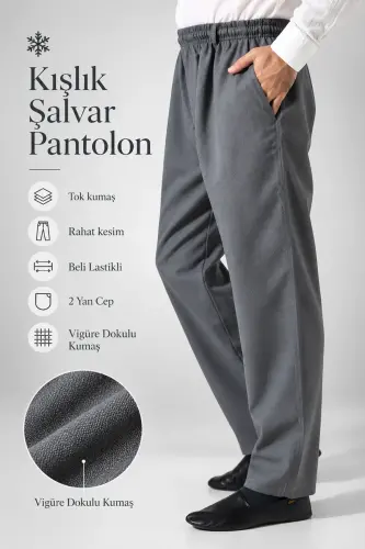 Erkek Lüks Viskon Kışlık Şalvar Pantolon Cepli Rahat Kesim Beli Lastikli Vigüre Dokulu - Gri (IHVN) 