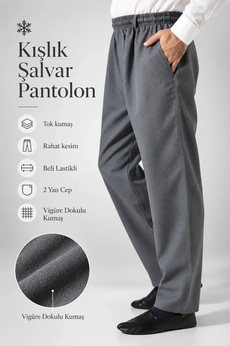 Erkek Lüks Viskon Kışlık Şalvar Pantolon Cepli Rahat Kesim Beli Lastikli Vigüre Dokulu - Gri (IHVN) - 1