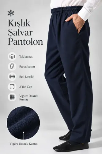Erkek Lüks Viskon Kışlık Şalvar Pantolon Cepli Rahat Kesim Beli Lastikli Vigüre Dokulu - Lacivert (IHVN) 