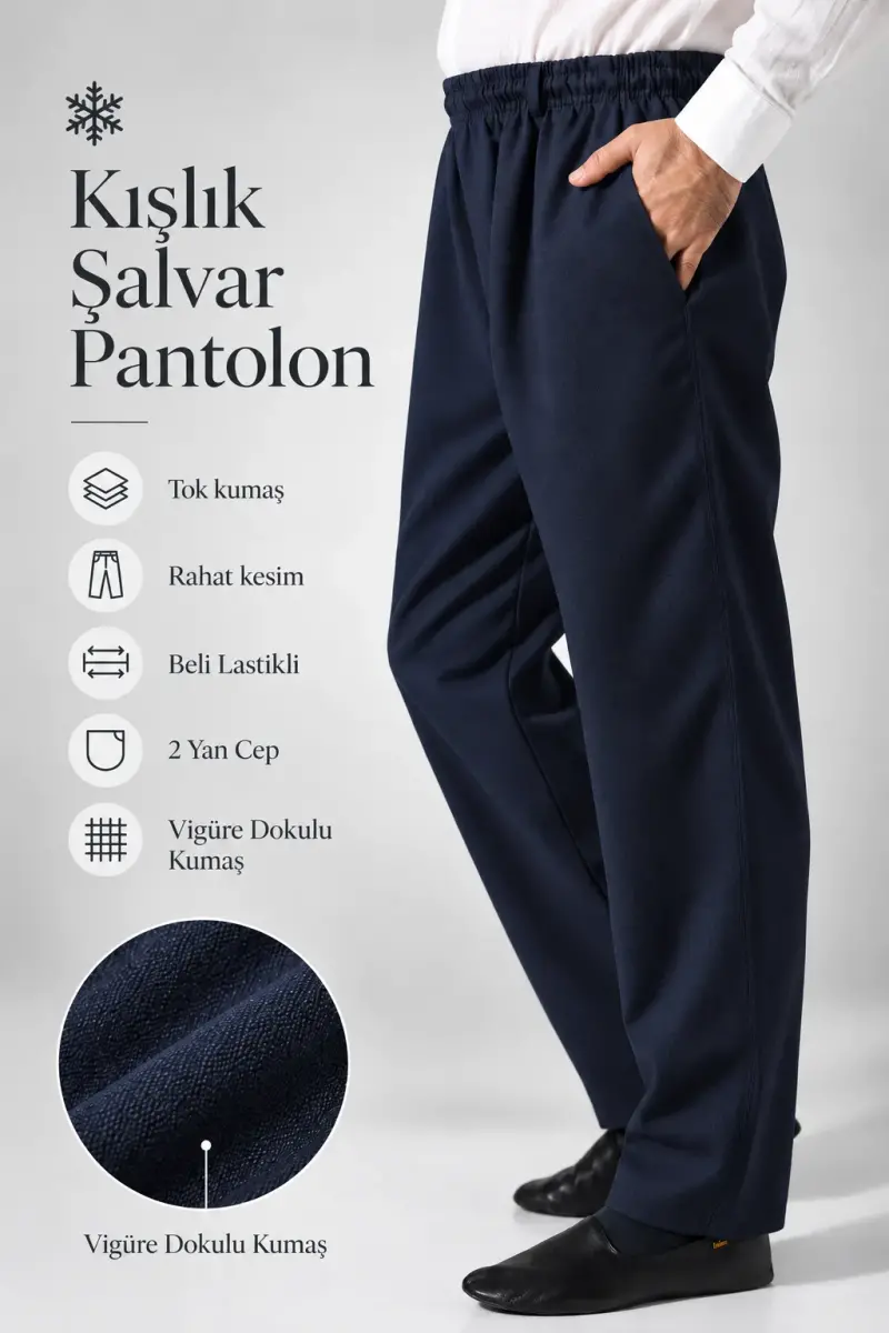 Erkek Lüks Viskon Kışlık Şalvar Pantolon Cepli Rahat Kesim Beli Lastikli Vigüre Dokulu - Lacivert (IHVN) - 1