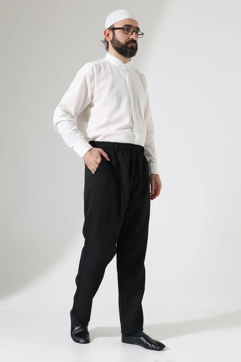 Erkek Kışlık Rahat Kesim Beli Lastikli Cepli Modern Kumaş Şalvar Pantolon - Siyah (IHVN) - 2