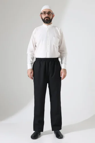 Erkek Kışlık Rahat Kesim Beli Lastikli Cepli Modern Kumaş Şalvar Pantolon - Siyah (IHVN) - 4