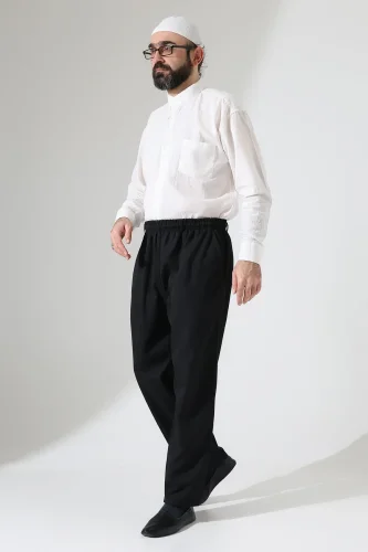 Erkek Kışlık Rahat Kesim Beli Lastikli Cepli Modern Kumaş Şalvar Pantolon - Siyah (IHVN) - 5