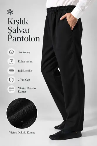Erkek Lüks Viskon Kışlık Şalvar Pantolon Cepli Rahat Kesim Beli Lastikli Vigüre Dokulu Siyah (IHVN) 