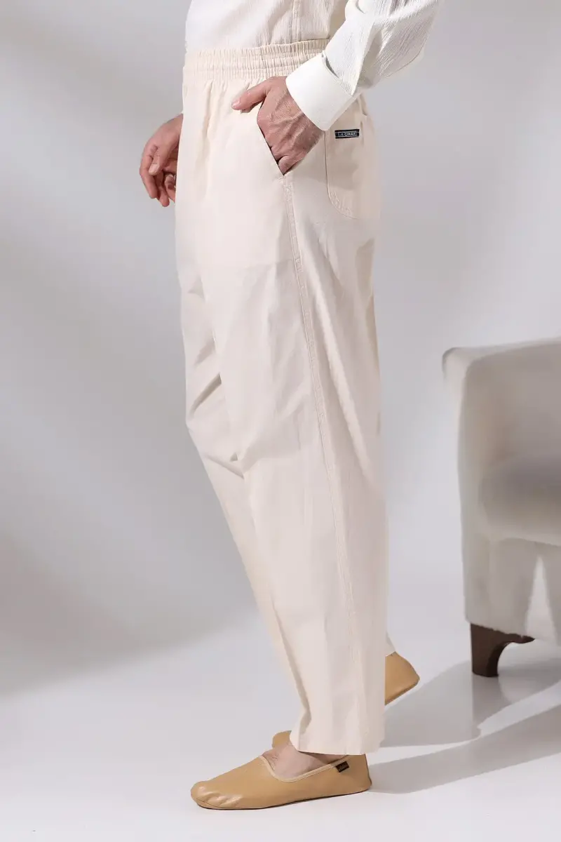 Erkek Krem Çınar Rahat Kesim Beli Lastikli Hac ve Umre Keten Şalvar Pantolon - 1