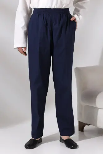 Erkek Lacivert Çınar Rahat Kesim Beli Lastikli Hac ve Umre Keten Şalvar Pantolon 