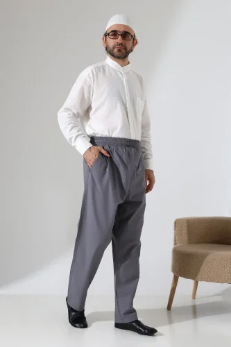 Erkek Lastikli Bel Cepli Hac Umre Keten Şalvar Pantolon - Antrasit (VŞN) - ihvanonline (1)