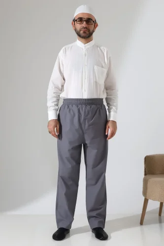 Erkek Lastikli Bel Cepli Hac Umre Keten Şalvar Pantolon - Antrasit (VŞN) - 3