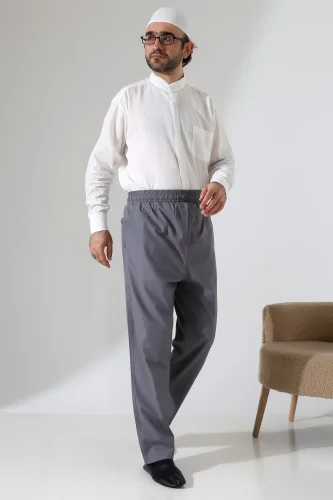 Erkek Lastikli Bel Cepli Hac Umre Keten Şalvar Pantolon - Antrasit (VŞN) - 4