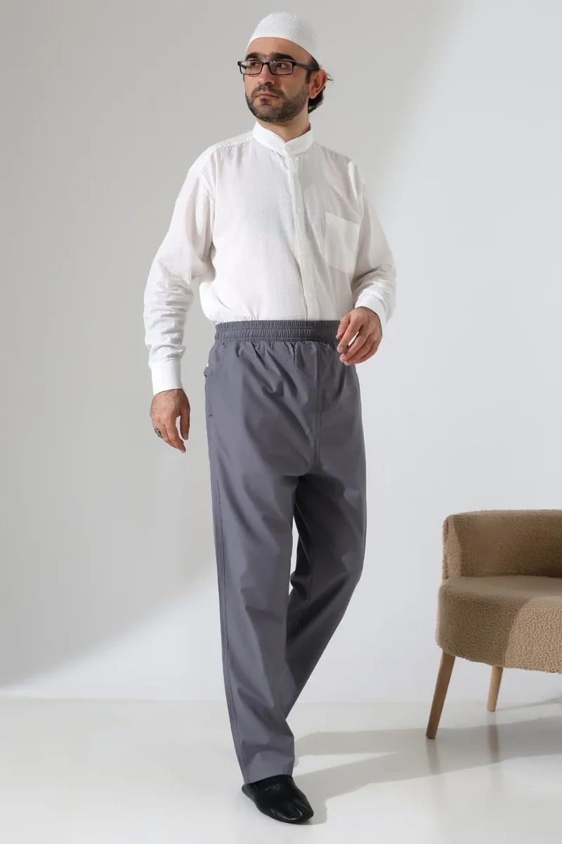 Erkek Lastikli Bel Cepli Hac Umre Keten Şalvar Pantolon - Antrasit (VŞN) - 4