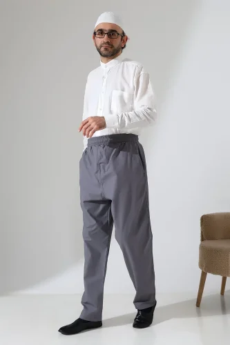 Erkek Lastikli Bel Cepli Hac Umre Keten Şalvar Pantolon - Antrasit (VŞN) - 5