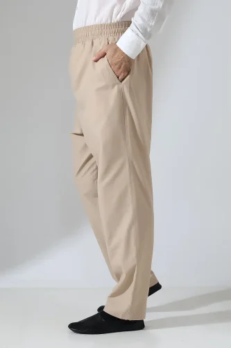 Erkek Lastikli Bel Cepli Hac Umre Keten Şalvar Pantolon - Bej (VŞN) 