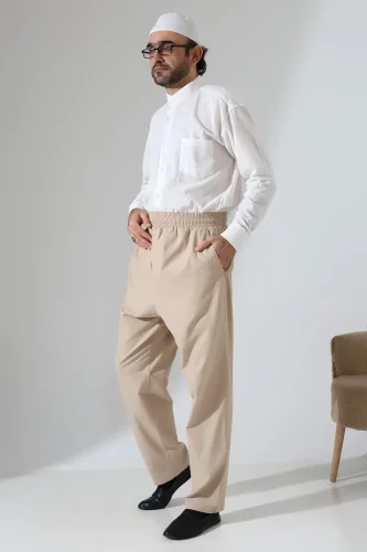 Erkek Lastikli Bel Cepli Hac Umre Keten Şalvar Pantolon - Bej (VŞN) - ihvanonline (1)