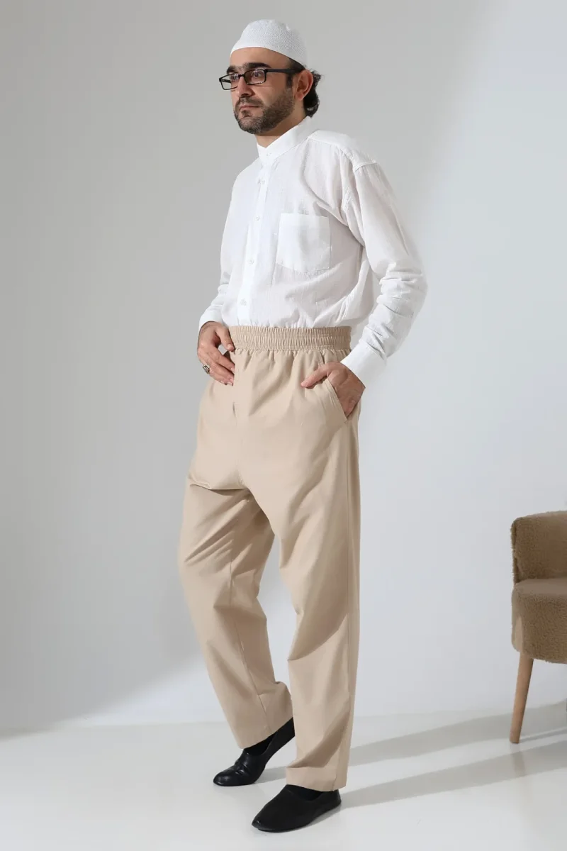 Erkek Lastikli Bel Cepli Hac Umre Keten Şalvar Pantolon - Bej (VŞN) - 2