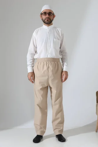 Erkek Lastikli Bel Cepli Hac Umre Keten Şalvar Pantolon - Bej (VŞN) - 3