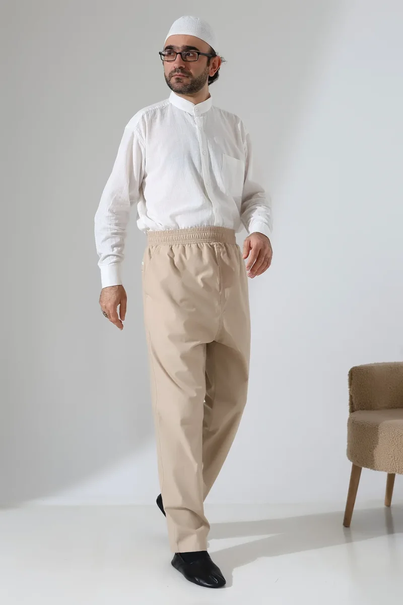 Erkek Lastikli Bel Cepli Hac Umre Keten Şalvar Pantolon - Bej (VŞN) - 4