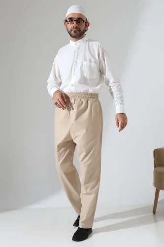 Erkek Lastikli Bel Cepli Hac Umre Keten Şalvar Pantolon - Bej (VŞN) - 5
