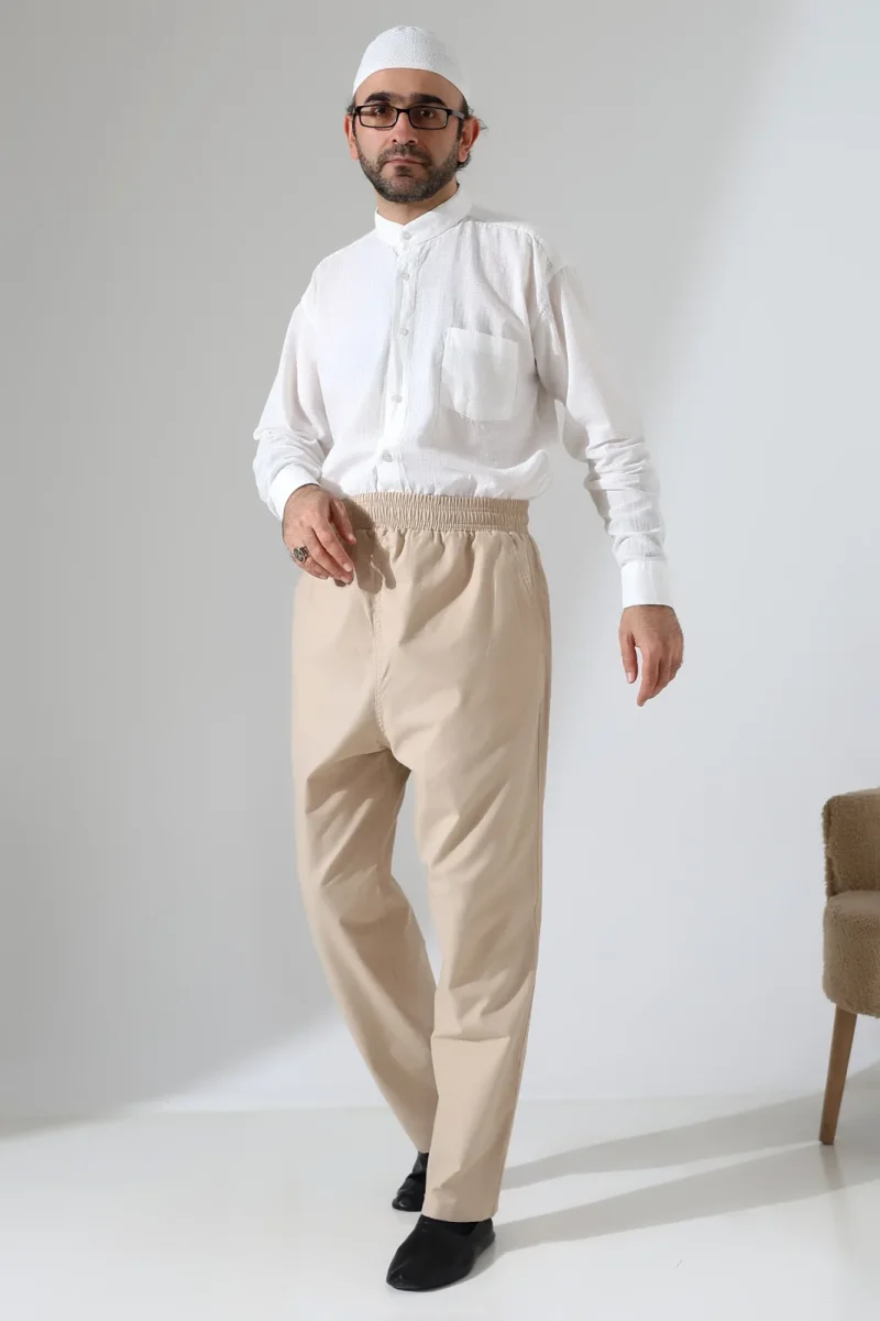 Erkek Lastikli Bel Cepli Hac Umre Keten Şalvar Pantolon - Bej (VŞN) - 5