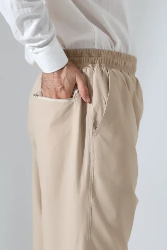 Erkek Lastikli Bel Cepli Hac Umre Keten Şalvar Pantolon - Bej (VŞN) - 7