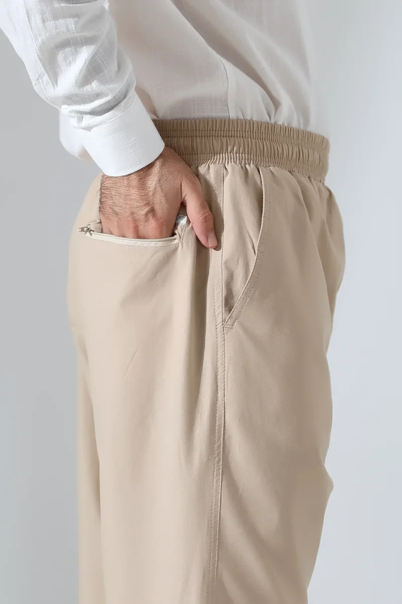 Erkek Lastikli Bel Cepli Hac Umre Keten Şalvar Pantolon - Bej (VŞN) - 7