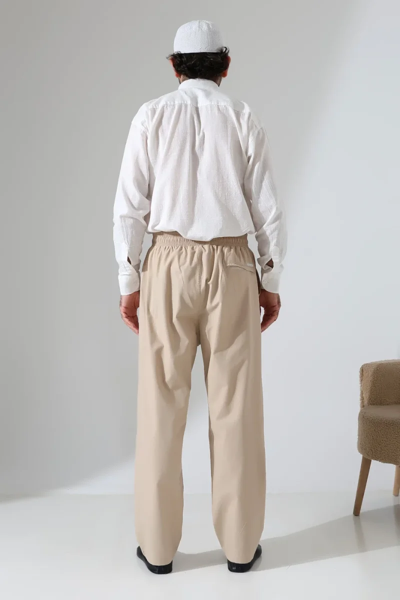 Erkek Lastikli Bel Cepli Hac Umre Keten Şalvar Pantolon - Bej (VŞN) - 8