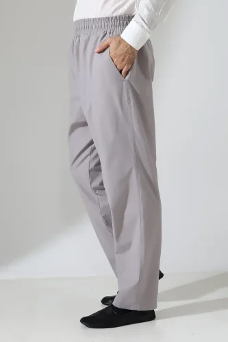 Erkek Lastikli Bel Cepli Hac Umre Keten Şalvar Pantolon - Gri (VŞN) - 1