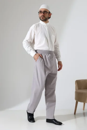 Erkek Lastikli Bel Cepli Hac Umre Keten Şalvar Pantolon - Gri (VŞN) - ihvanonline (1)