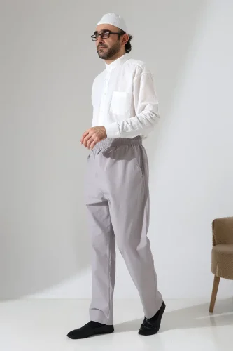 Erkek Lastikli Bel Cepli Hac Umre Keten Şalvar Pantolon - Gri (VŞN) - 3